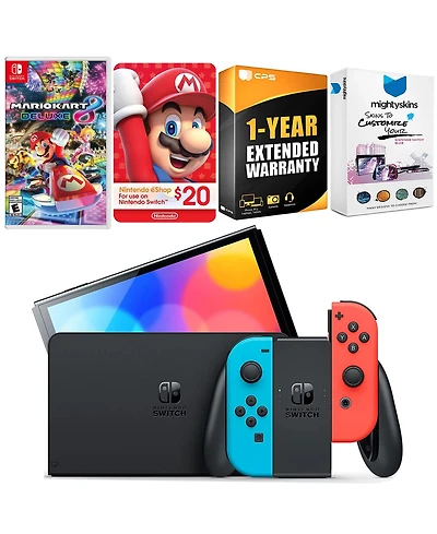 Nintendo Switch Neon Red & Blue Oled Console with Mario Kart 8 Deluxe, Nintendo $20 eShop Gift Card