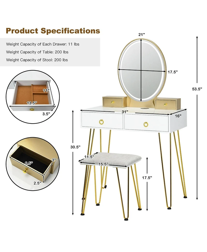 Vanity Desk with Mirror and Lights for Bedroom