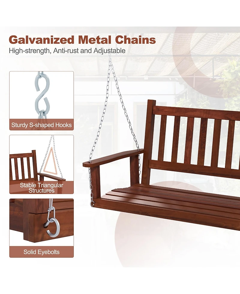 Gymax Wooden Porch Swing 2-Person Hanging Chair w/ Adjustable Galvanized Metal Chains
