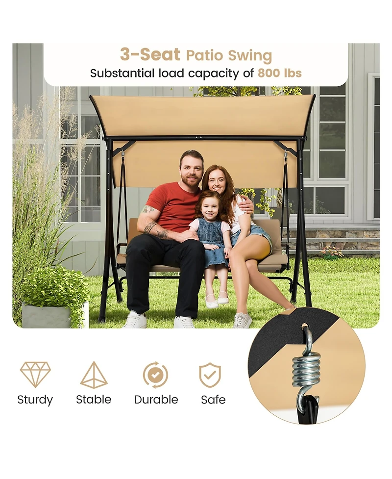 Gymax 3 Person Patio Porch Swing Outdoor Swing Chair w/ Cushions & Adjustable Canopy