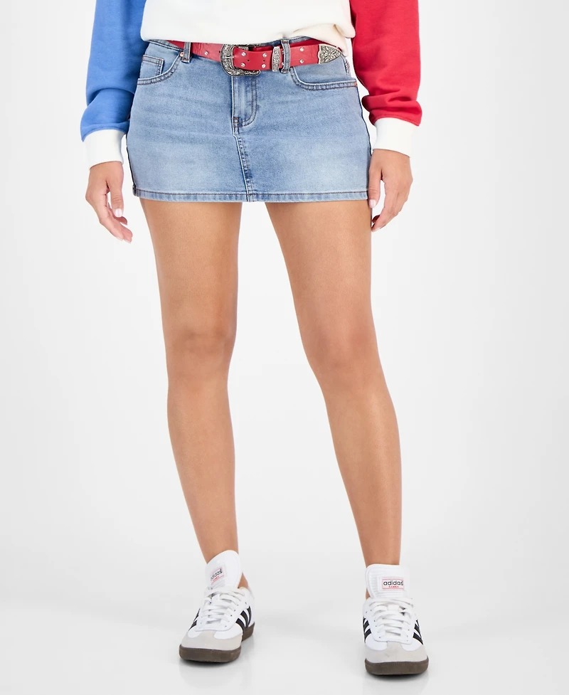 Madden Girl Juniors' Belted Mini Denim Skirt