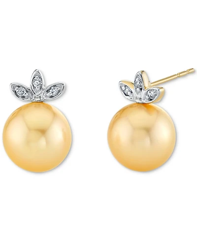 Cultured Golden South Sea Pearl (9mm) & Diamond Accent Stud Earrings In 14k Yellow & White Gold