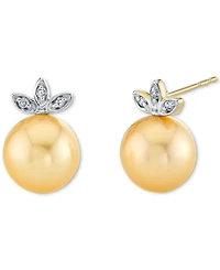 Cultured Golden South Sea Pearl (9mm) & Diamond Accent Stud Earrings In 14k Yellow & White Gold