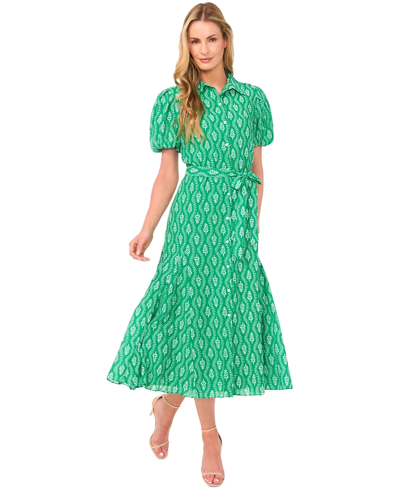 CeCe Women's Flowy Tie Waist Midi Shirt Dress
