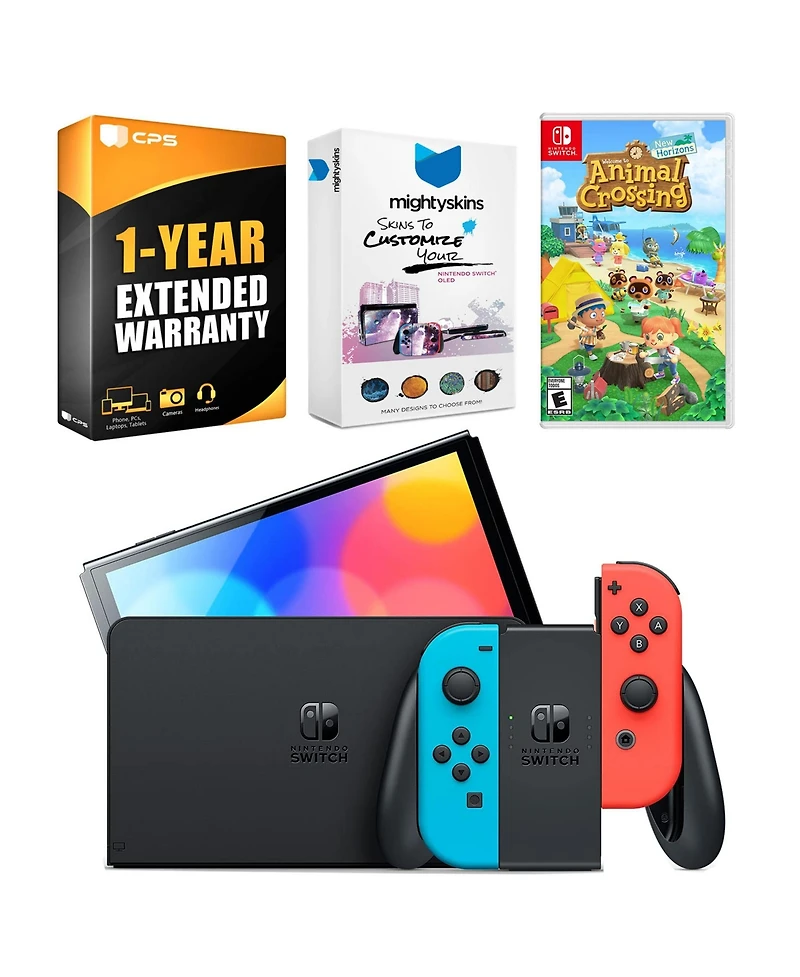 Nintendo Switch Neon Red & Blue Oled Console with Animal Crossing: New Horizons, MightySkins Console and Controller Skin Voucher and 1 Year Cps Extend