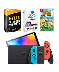 Nintendo Switch Neon Red & Blue Oled Console with Animal Crossing: New Horizons, MightySkins Console and Controller Skin Voucher and 1 Year Cps Extend