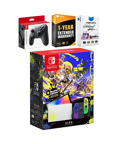 Nintendo Switch Oled Splatoon 3 Edition with Pro Controller, MightySkins Console and Controller Skin Voucher and 1 Year Cps Extended Warranty