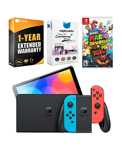 Nintendo Switch Neon Red & Blue Oled Console with Super Mario 3D World + Bowser s Fury, MightySkins Console and Controller Skin Voucher