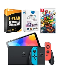 Nintendo Switch Neon Red & Blue Oled Console with Super Mario 3D World + Bowser s Fury, MightySkins Console and Controller Skin Voucher