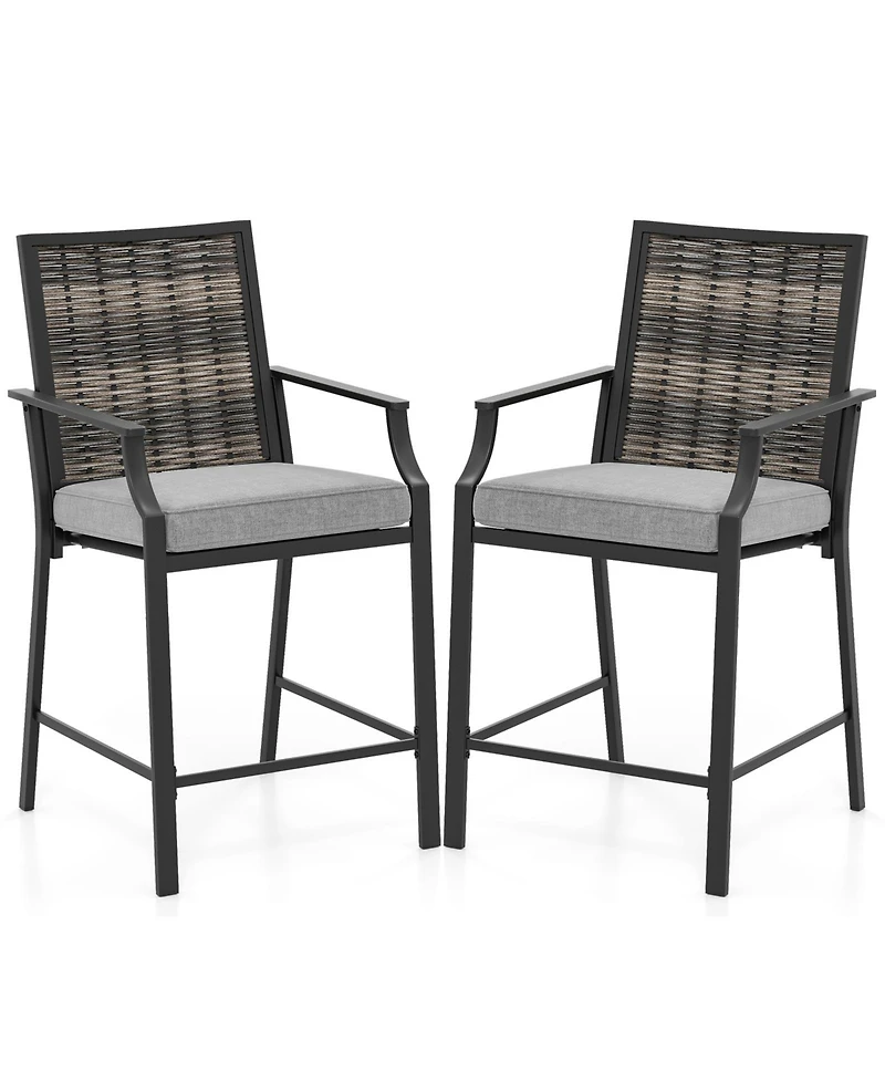 Patio Bar Stools Set of 2 Counter Height Rattan Bar Chairs with Armrest-Grey
