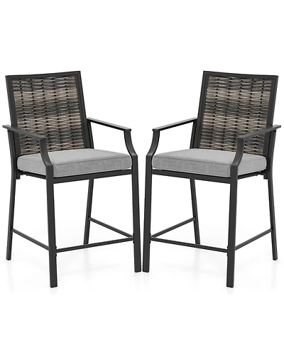Patio Bar Stools Set of 2 Counter Height Rattan Bar Chairs with Armrest-Grey