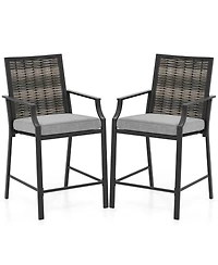 Patio Bar Stools Set of 2 Counter Height Rattan Bar Chairs with Armrest-Grey