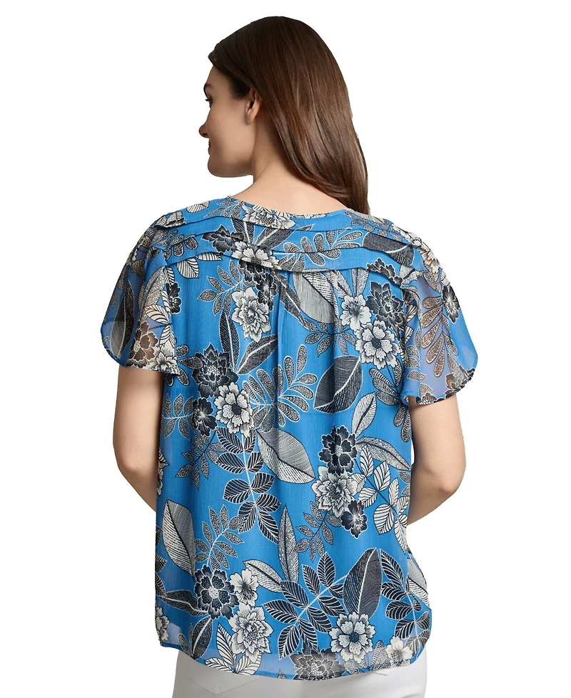 Jones New York Petite Short Sleeve Popover Shirred Neck Top