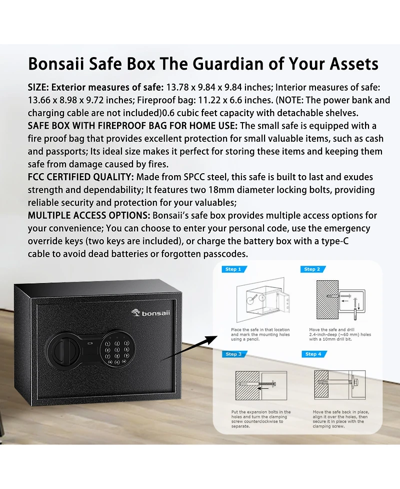 Bonsaii Safe Box with Fireproof Bag, Home Safe with Removable Shelf for Money Documents Jewelry Valuables, 0.6 Cubic Feet, 9.84"D x 13.78"W