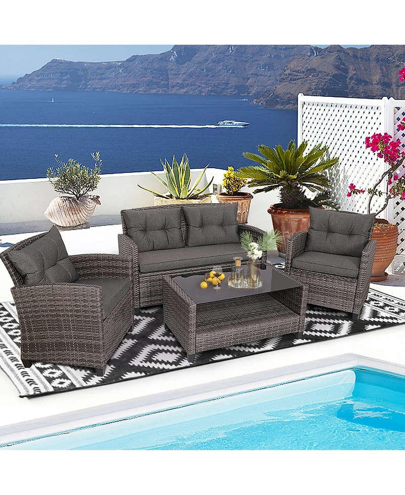 Gymax 4PC Rattan Patio Conversation Set Cushioned Outdoor Furniture Set