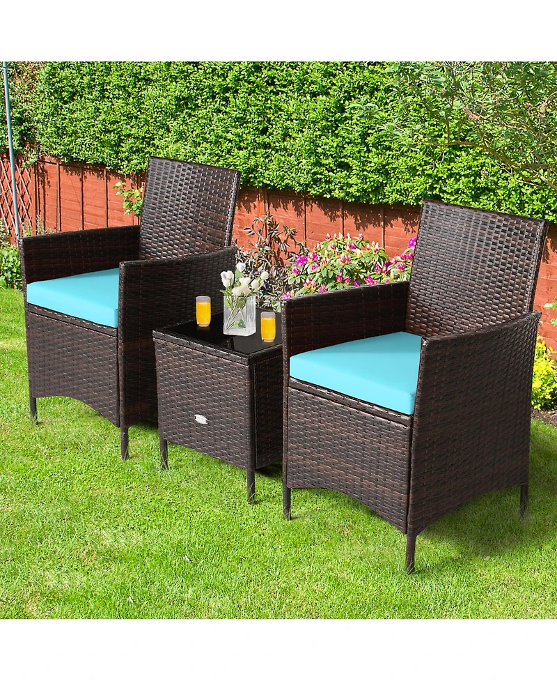 Gymax 3PCS Outdoor Rattan Conversation Set Patio Furniture Set w/ Cushions