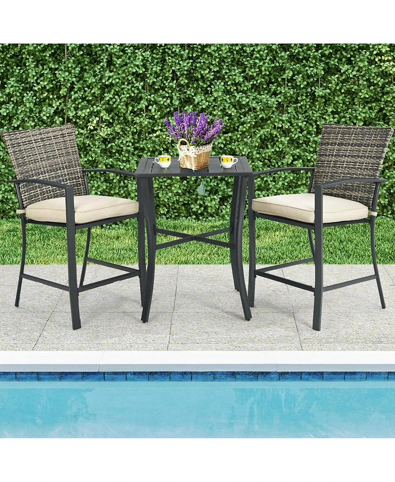 Gymax 3PCS Patio Metal Bar Set Outdoor Conversation Furniture Set w/ Cushions