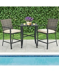 Gymax 3PCS Patio Metal Bar Set Outdoor Conversation Furniture Set w/ Cushions