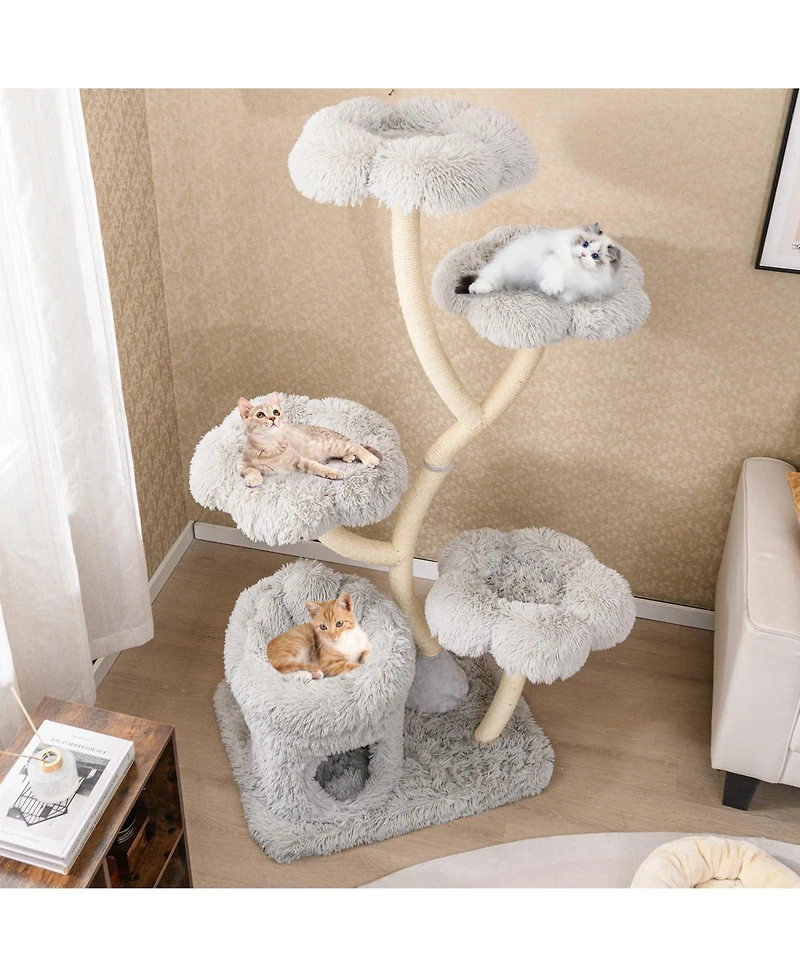 Freestanding Cat Tower with four Flower-shaped Platforms and Sisal Scratching Posts