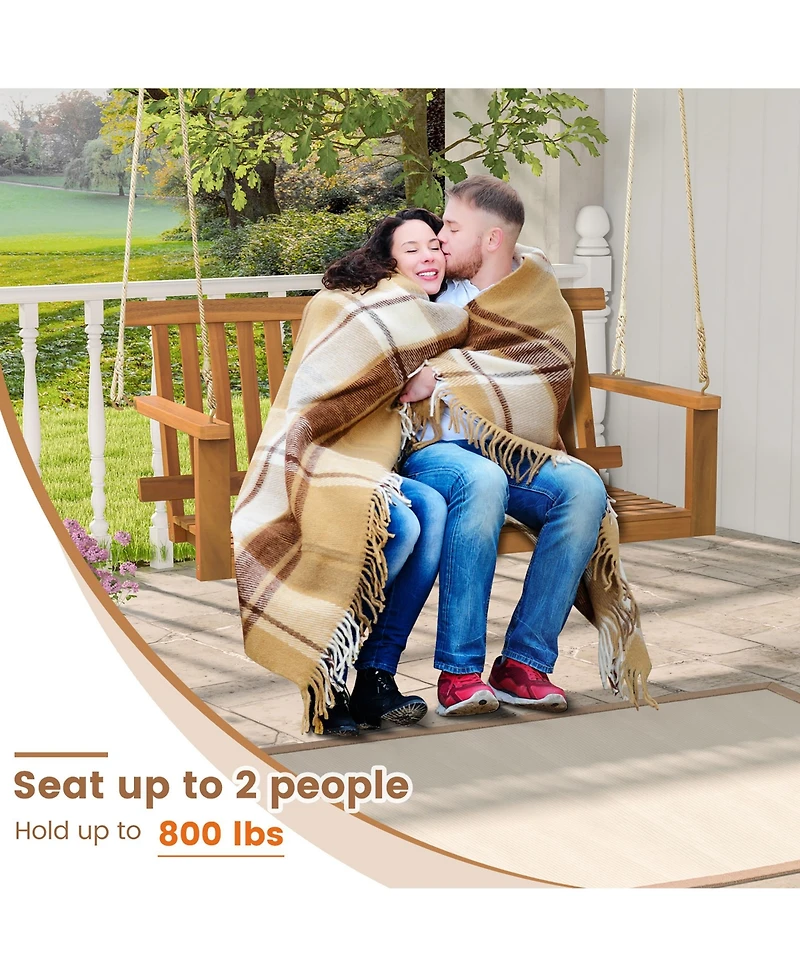 Gymax 2-Person Acacia Wood Outdoor Porch Swing Patio Hanging Bench Chair Natural