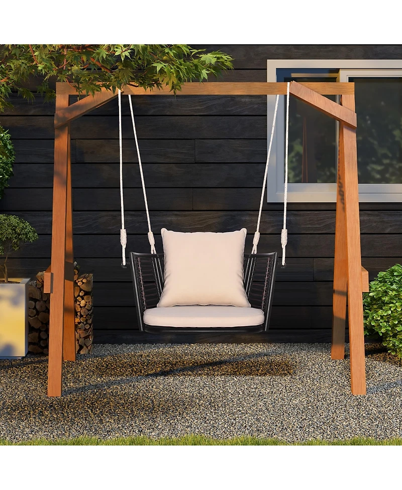 Gymax Outdoor Metal Porch Swing Single Person Hanging Seat w/ Woven Rattan Backrest Porch Backyard