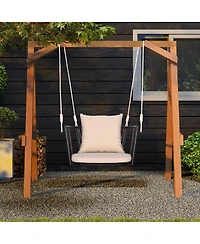 Gymax Outdoor Metal Porch Swing Single Person Hanging Seat w/ Woven Rattan Backrest Porch Backyard