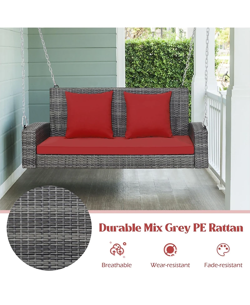 Gymax 2-Person Patio Hanging Porch Swing Rattan 800LBS Bench w/ Cushions