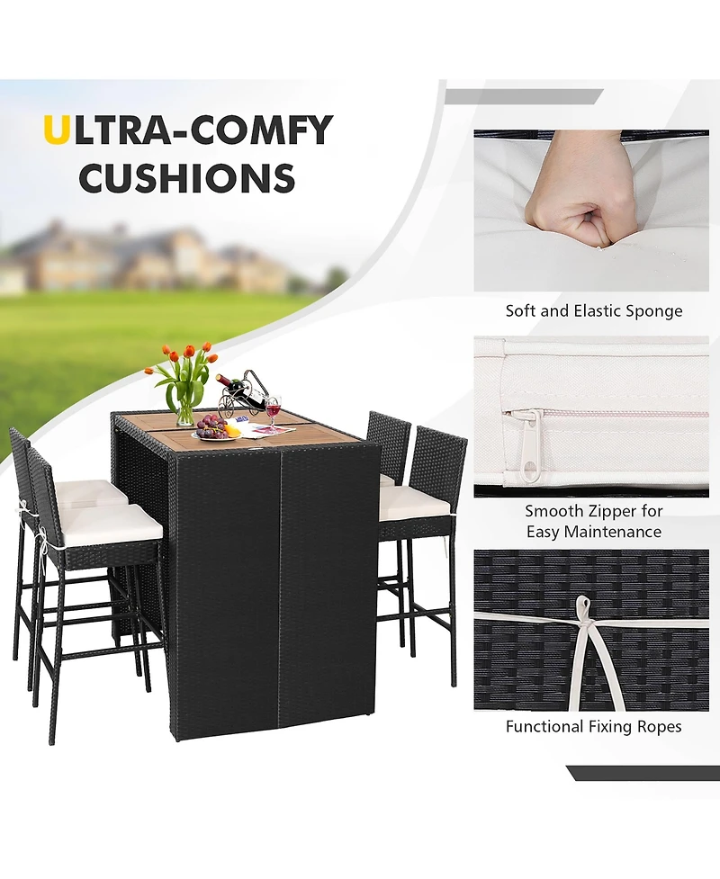 Gymax 5-Piece Patio Rattan Bar Set Outdoor Wicker Set w/ Bar Height Table & 4 Bar Stools