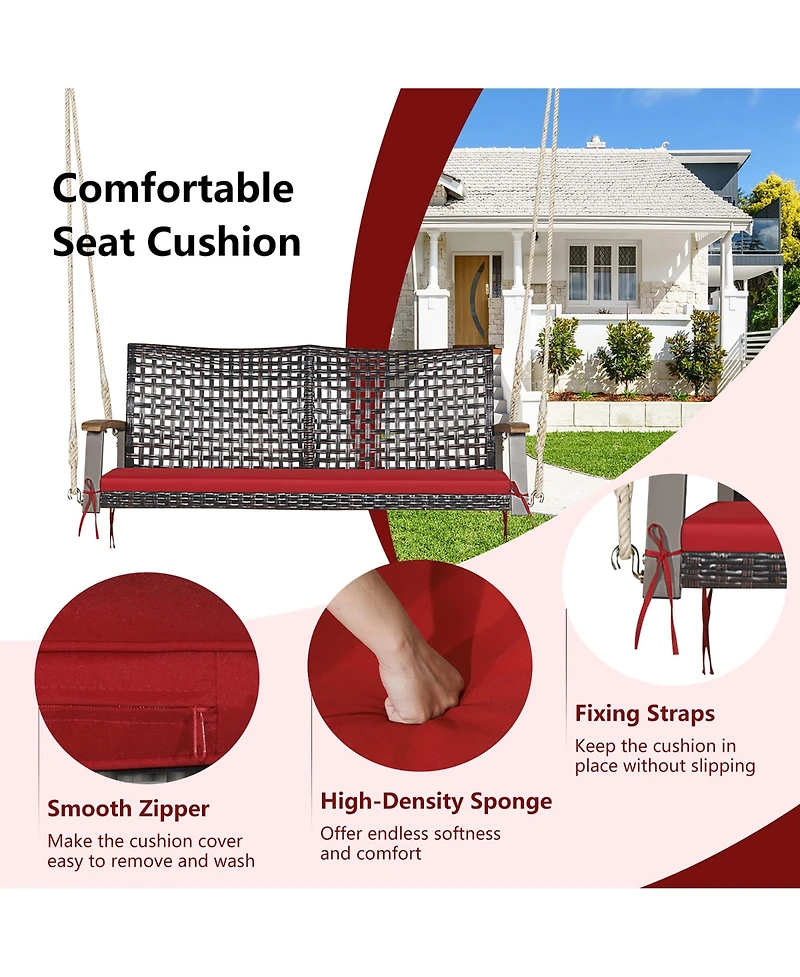 Gymax 2-Seat Rattan Porch Swing Chair Outdoor Wicker Bench W/ Seat Cushion Red