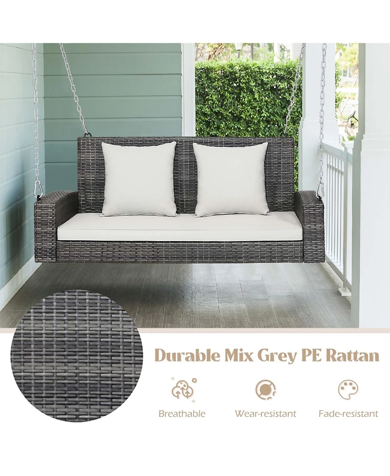 Gymax 2-Person Patio Hanging Porch Swing Rattan 800LBS Swing Bench w/ Cushions