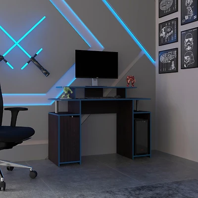 Hobart Gaming Desk, 1 Door, 6 Shelves, Black Wengue / Blue Edge