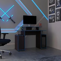 Hobart Gaming Desk, 1 Door, 6 Shelves, Black Wengue / Blue Edge