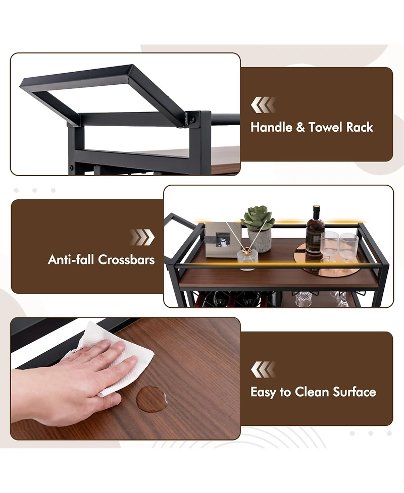 3-tier Bar Cart on Wheels Home Kitchen Serving Cart with Wine Rack and Glasses Holder