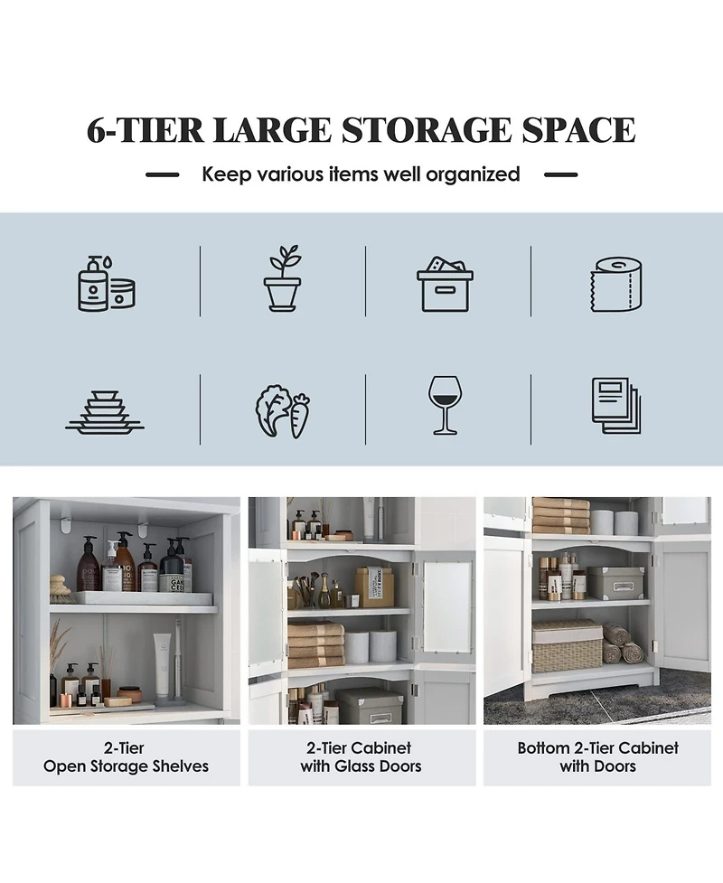 6-Tier Freestanding Bathroom Cabinet with 2 Open Compartments and Adjustable Shelves