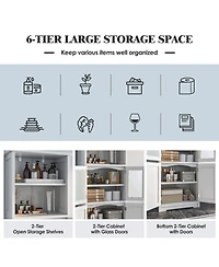 6-Tier Freestanding Bathroom Cabinet with 2 Open Compartments and Adjustable Shelves