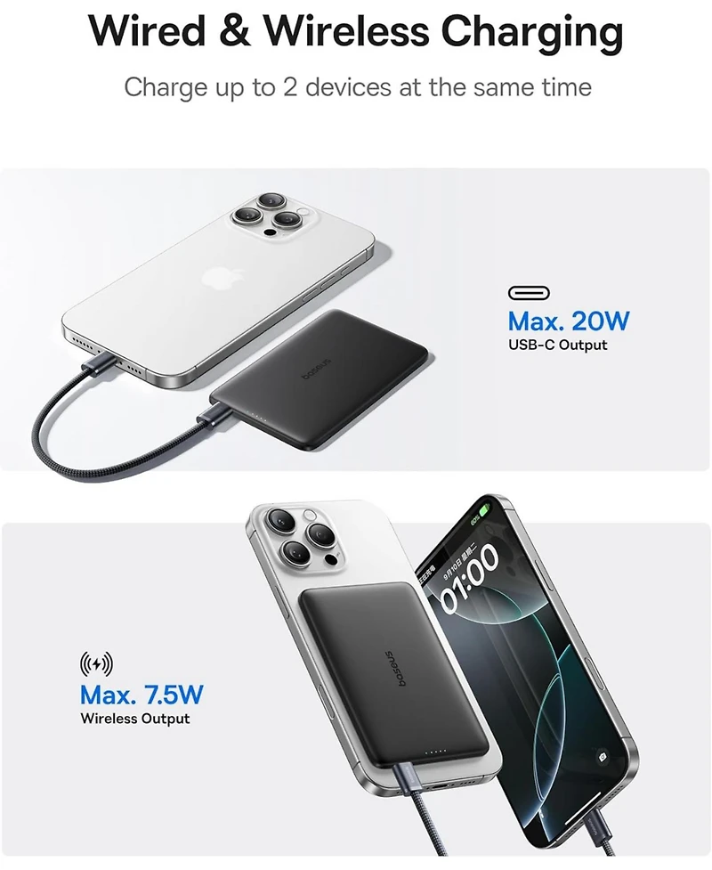 Baseus Picogo 5000mAh MagSafe Power Bank Wireless Charger with Usb-c Braided Cable Fast Charging Portable Battery Pack for iPhone Pink