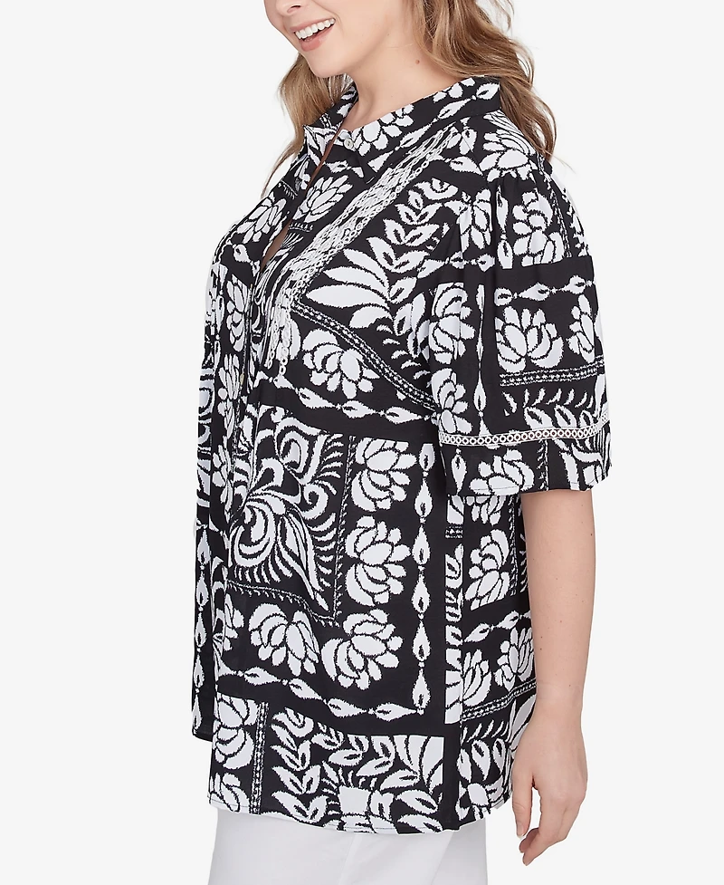 Ruby Rd. Plus Size Lotus Patchwork Button Front Camp Shirt