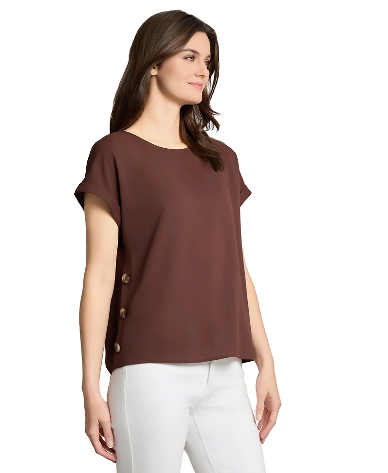 Jones New York Petite Round-Neck Side-Button Short-Sleeve Top