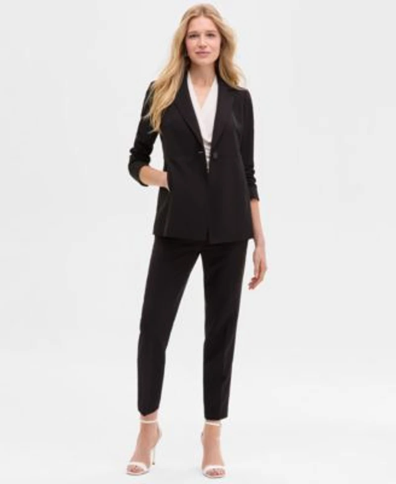 Anne Klein Womens Notch Collar One Button Jacket Sleeveless Shirred Surplice Top Fly Front Side Tab Straight Pants