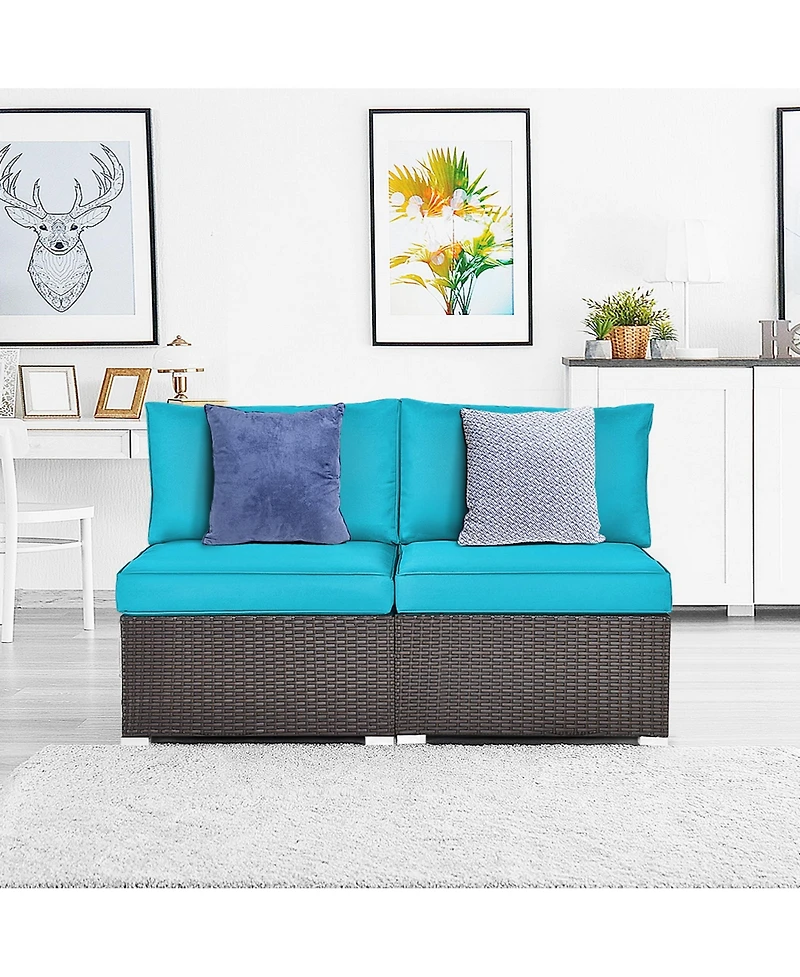 Gymax 2PCS Patio Wicker Rattan Sectional Armless Chair Sofa w/ Turquoise Cushion