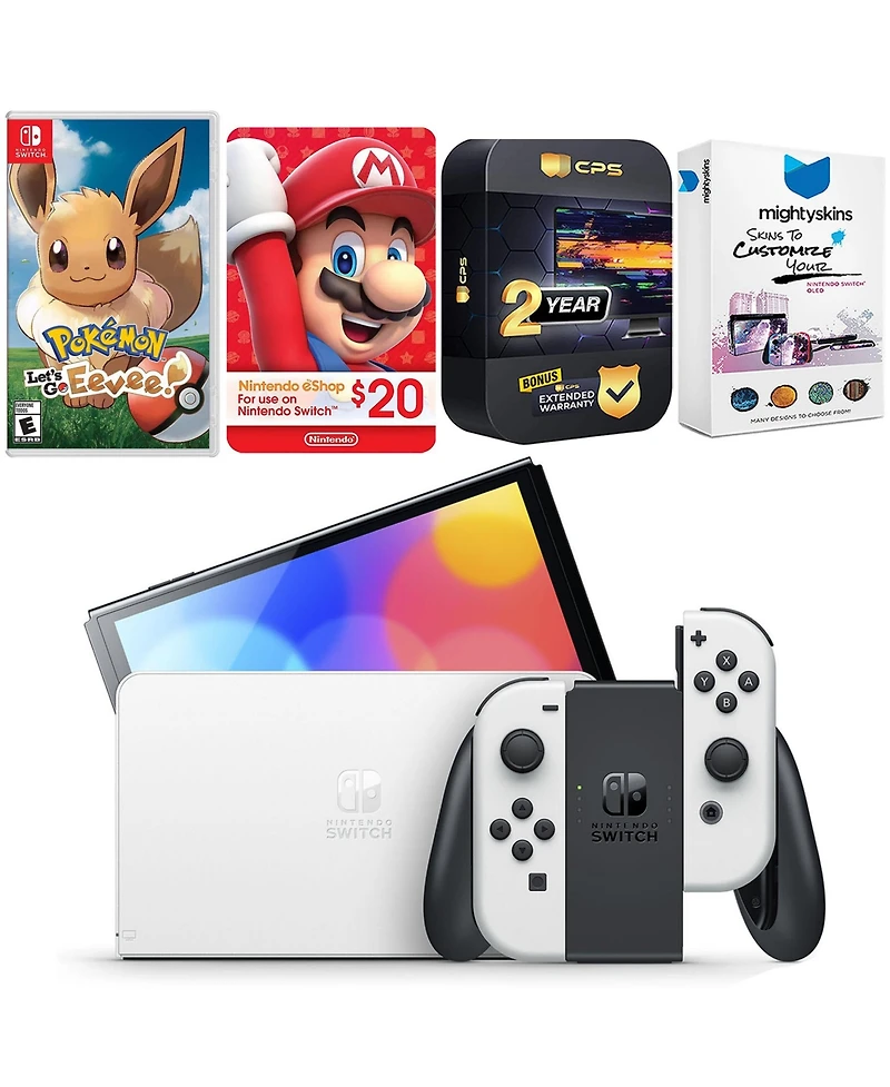 Nintendo Switch White Oled Console with Pokemon Let's Go, Eevee!, Nintendo $20 eShop Gift Card, MightySkins Console and Controller Skin Voucher, and 2