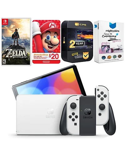 Nintendo Switch White Oled Console with Legend of Zelda Breath of the Wild, Nintendo $20 eShop Gift Card, MightySkins Console and Controller Skin Vouc