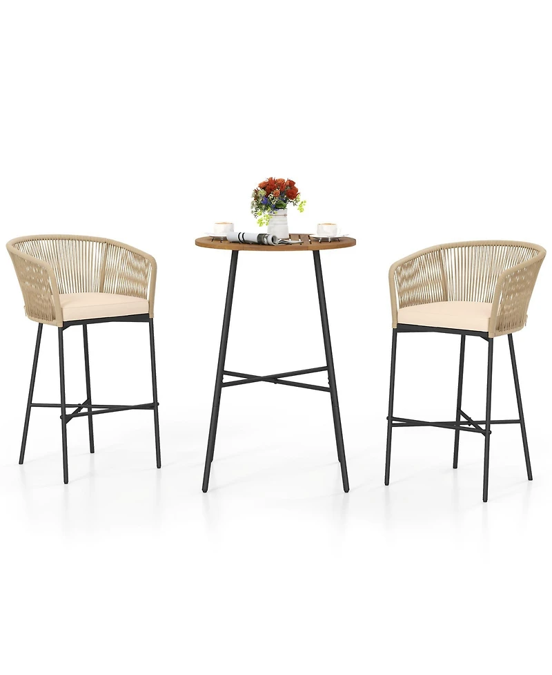 3-Piece Patio Bar Set with Rope Woven Stools and Solid Acacia Tabletop