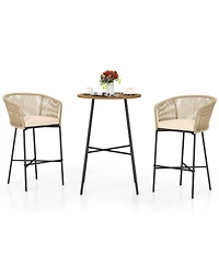 3-Piece Patio Bar Set with Rope Woven Stools and Solid Acacia Tabletop
