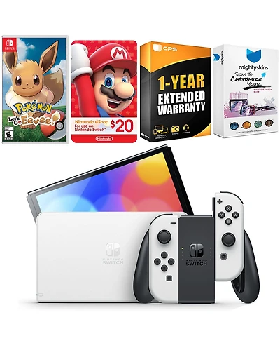 Nintendo Switch White Oled Console with Pokemon Let's Go, Eevee!, Nintendo $20 eShop Gift Card, MightySkins Console and Controller Skin Voucher