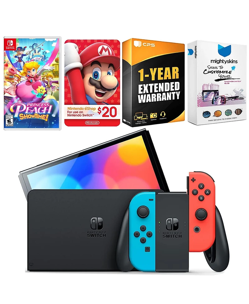 Nintendo Switch Neon Red & Blue Oled Console with Princess Peach: Showtime!, Nintendo $20 eShop Gift Card