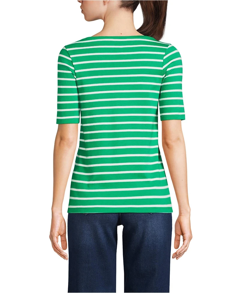 Lands' End Women's Supima Cotton Elbow Sleeve Boatneck Button Shoulder Tee