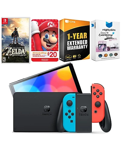 Nintendo Switch Neon Red & Blue Oled Console with Legend of Zelda Breath of the Wild, Nintendo $20 eShop Gift Card