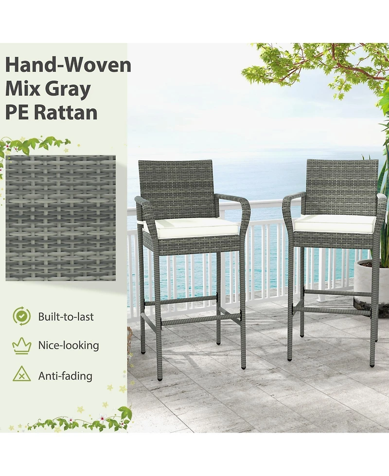 Set of 2 Patio Barstools – Wicker Outdoor Chairs with Cushions & Armrests