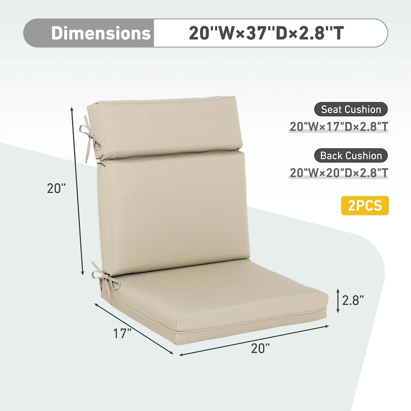 Aoodor 2Pcs Outdoor High Back Dining Chair Cushion Set, Fade and Water Resistant Polyester Fabric Cover with Ties Zipper, 20'' × 37''